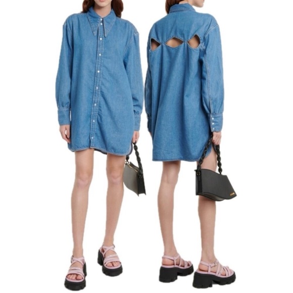Ganni Blue Denim Shirt Dress with Back Cutouts - Picture 6 of 15